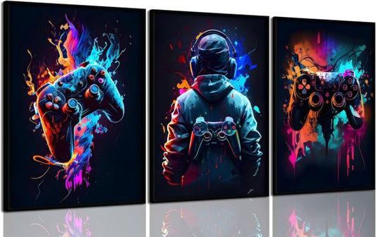 3pcs Cool Gaming Wall Art Retro Video Game Sticky Phototiles Wall Frames