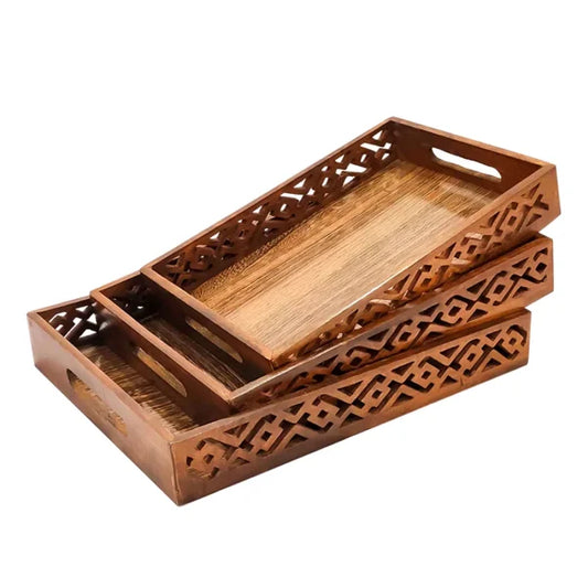 (pack Of 3) Wooden Serving Tray Set With Handles Wood Serving Trays For Tea Coffee Food Platter