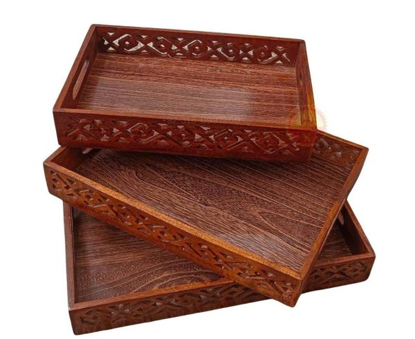(pack Of 3) Wooden Serving Tray Set With Handles Wood Serving Trays For Tea Coffee Food Platter