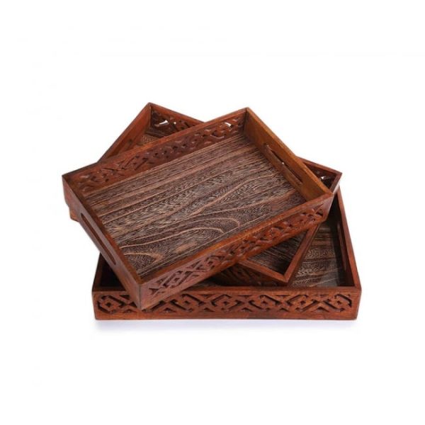 (pack Of 3) Wooden Serving Tray Set With Handles Wood Serving Trays For Tea Coffee Food Platter